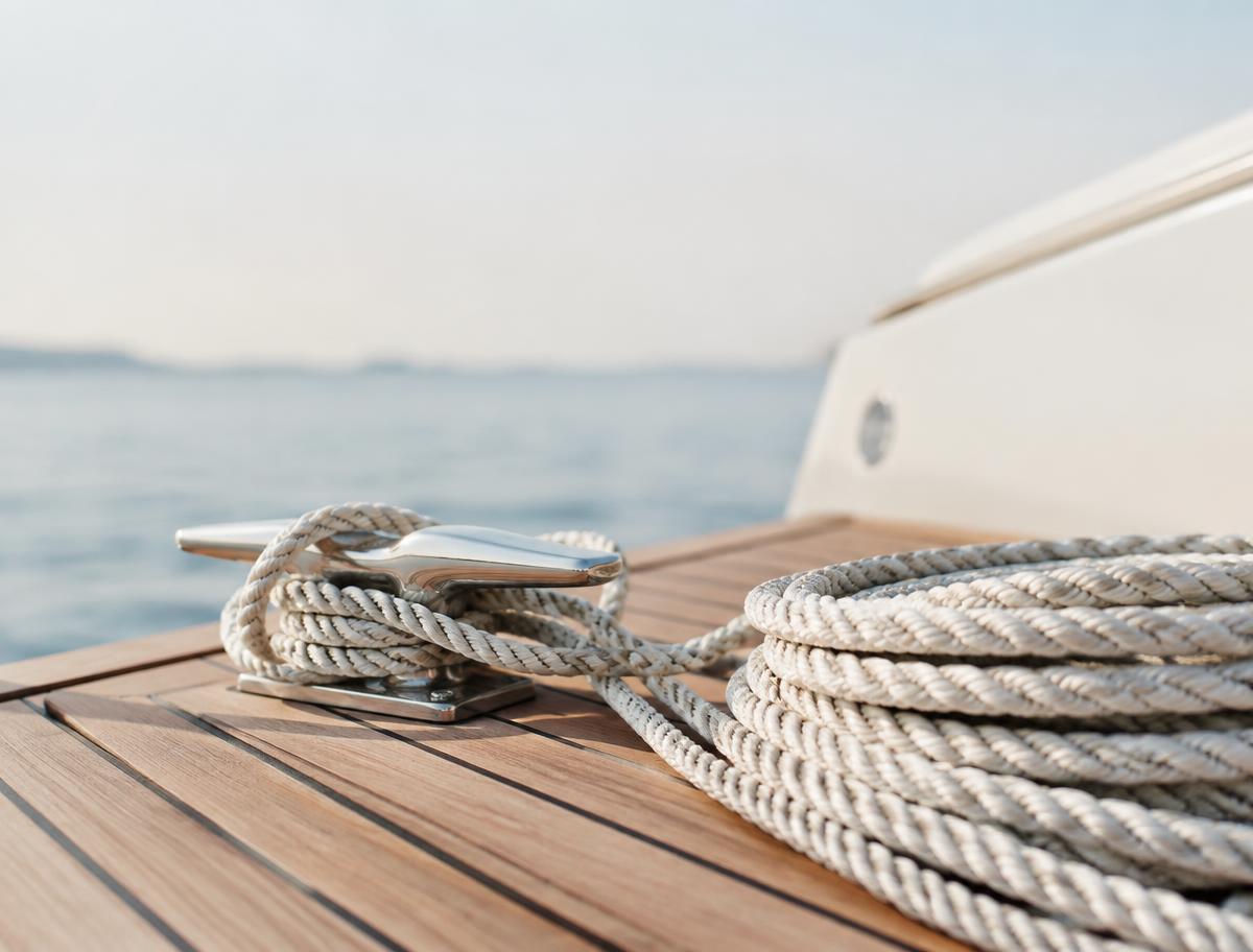 Coiled dock line on a teak yacht deck in soft light